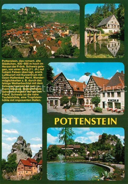 Pottenstein Oberfranken Panorama Fachwerkhaeuser Felspartie Teich