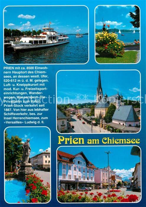 Prien Chiemsee Fahrgastschiff Kirche Teich Statue Stadtplatz