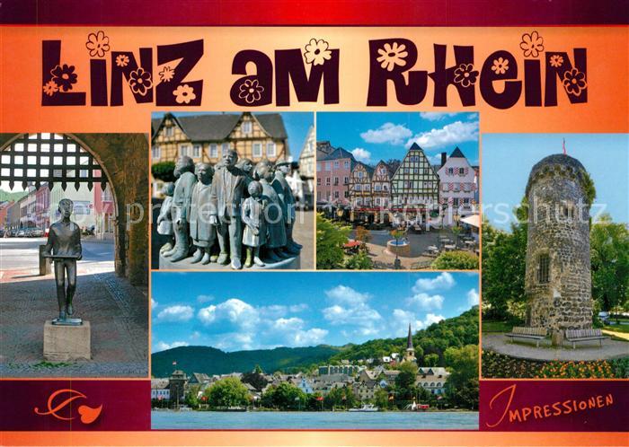 Linz Rhein Burgtor Skulptur Fachwerkhaeuser Turm Rheinpartie