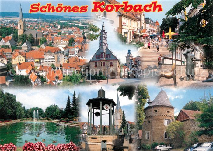 Korbach Panorama Rathaus Fussgaengerzone Schwanenteich Runder Turm