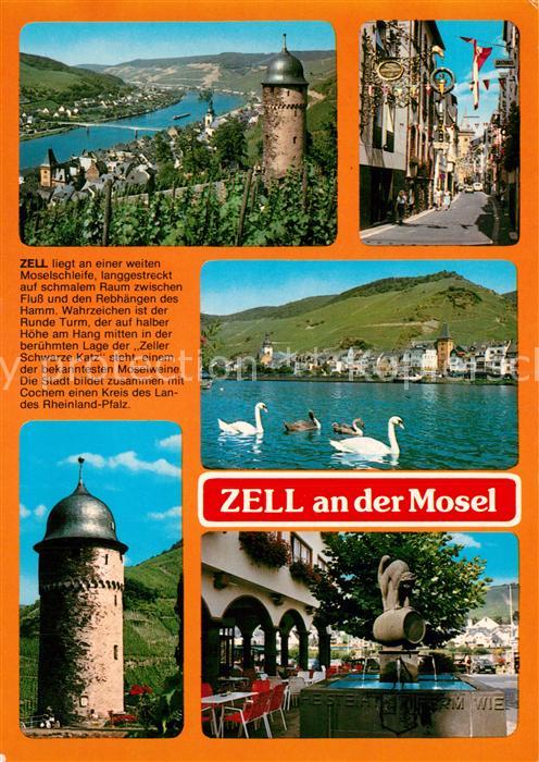 Zell Mosel Moselschleife Gasse Schwaene Runder Turm Brunnen Schwarze Katz