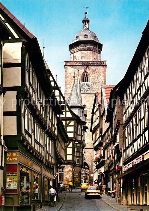Alsfeld Obere Fuldergasse Fachwerk mit Kirchturm