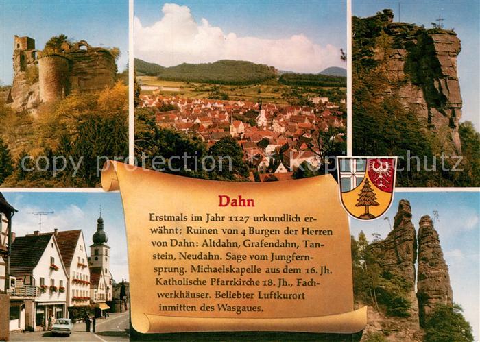 Dahn Burgruine Stadtpanorama Felsen Innenstadt Chronik Wappen