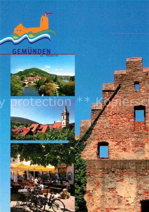 Gemuenden Main Panorama Dreifluessestadt Kirche Restaurant Burgruine