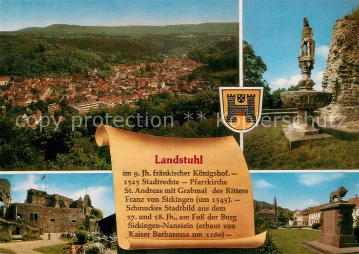 Landstuhl Stadtpanorama Burgruine Denkmal Loewenskulptur Chronik Wappen