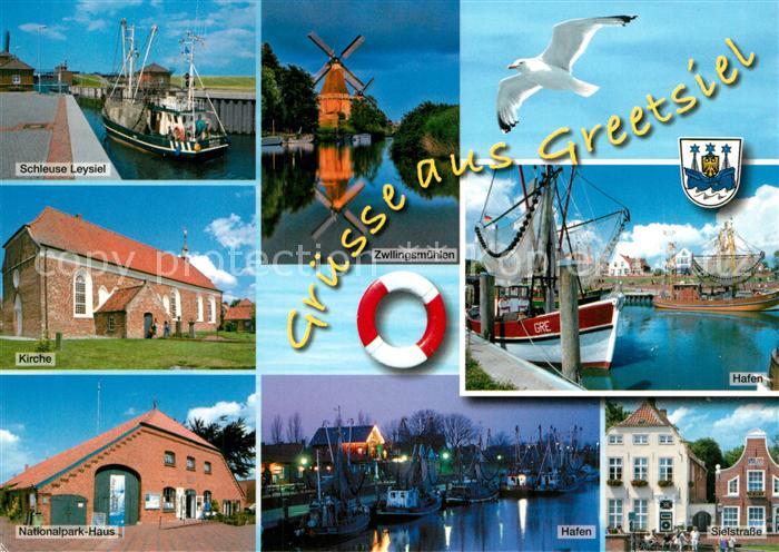 Greetsiel Schleuse Leysiel Kirche Nationalparkhaus Zwillingsmuehlen Hafen Sielst
