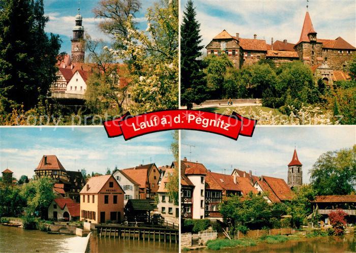 Lauf Pegnitz Blick zur Kirche Wenzelschloss Partie am Fluss Wehr