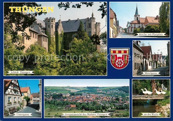 Thuengen Schloss Kirche Planplatz Gasse Schwaene an der Wern Fliegeraufnahme