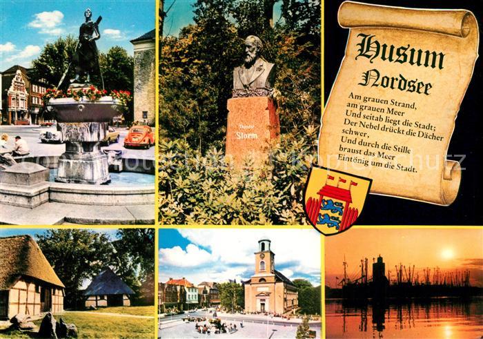 Husum Nordfriesland Brunnen Reetdachhaeuser Kirche Theodor Storm Denkmal Bueste