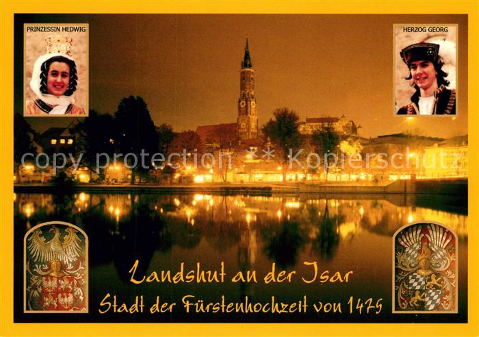 Landshut Isar Stadt der Fuerstenhochzeit von 1479 Blick ueber die Isar Kirche Na