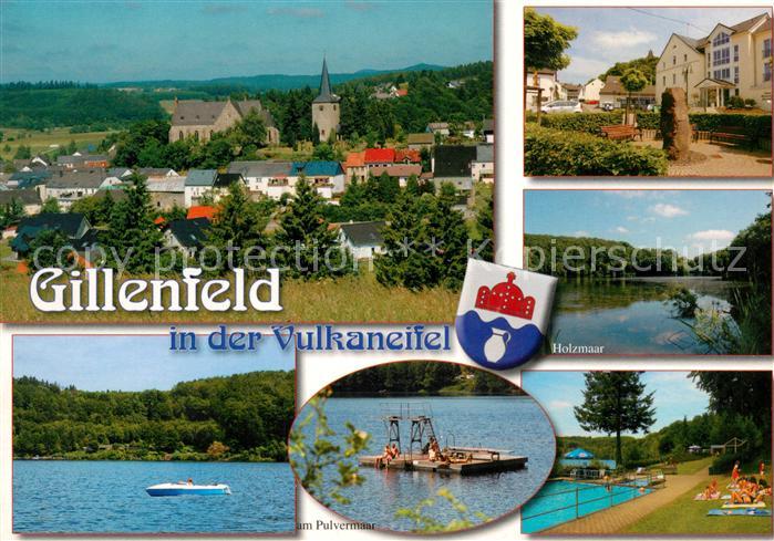 Gillenfeld Ortspanorama mit Kirche Holzmaar Pulvermaar Badestrand Wappen