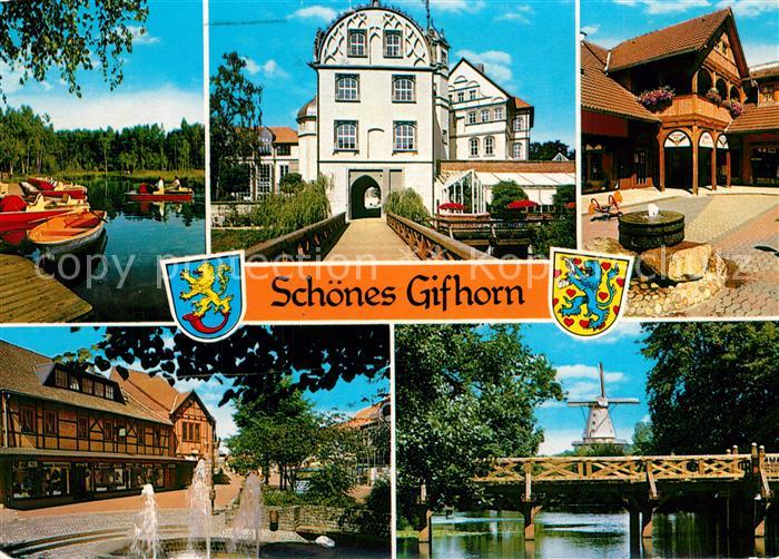 Gifhorn Heidesee Schloss Marktplatz Brunnen Holzbruecke Windmuehle Wappen