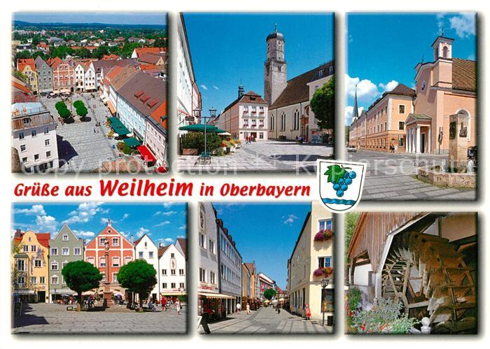 Weilheim Oberbayern Stadtpanorama Motive Innenstadt Fussgaengerzone Wasserrad Ki