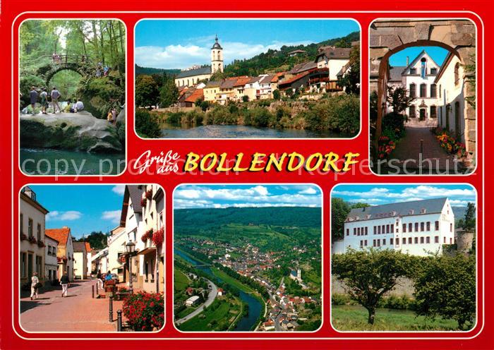 Bollendorf Suedeifel Ortsansicht mit Kirche Innenstadt Waldpartie Burg Bollendor