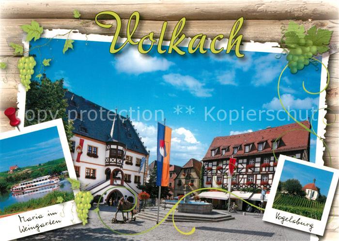 Volkach Marktplatz Brunnen Fachwerkhaus Maria im Weingarten Fahrgastschiff Vogel
