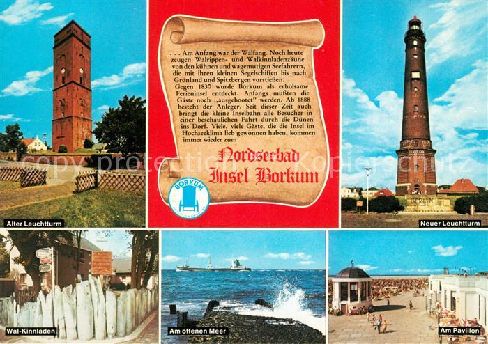 Borkum Alter und neuer Leuchtturm Wal Kinnladen Brandung Pavillon Strand