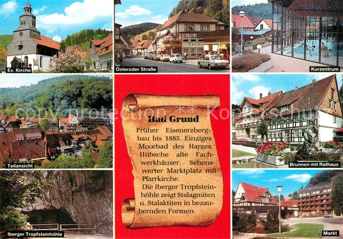 Bad Grund Kirche Iberger Tropfsteinhoehle Teilansicht Kurzentrum Brunnen Rathaus