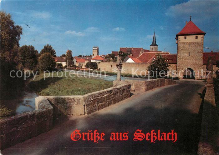 Sesslach Bruecke Stadtmauer Torturm Landes und Bundessieger 1986 1987 fuer Stadt