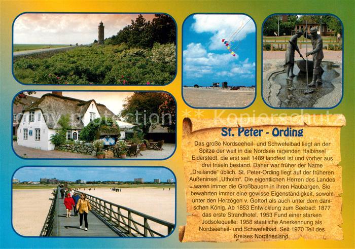 St Peter-Ording Leuchtturm Reetdachhaus Seebruecke Strand Statuen Chronik