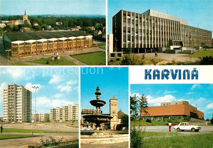 Karvina Teilansichten Gebaeude Brunnen Wohnsiedlung Hochhaeuser