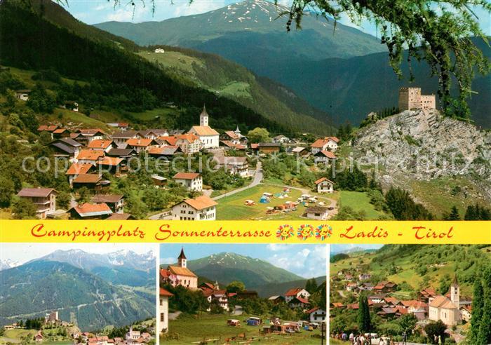 Ladis Campingplatz Sonnenterrasse Burgruine Gesamtansicht mit Alpenpanorama