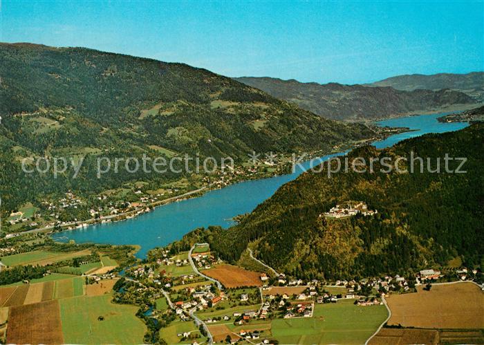 Ossiachersee und umliegende Badeorte Burgruine Landskron Fliegeraufnahme