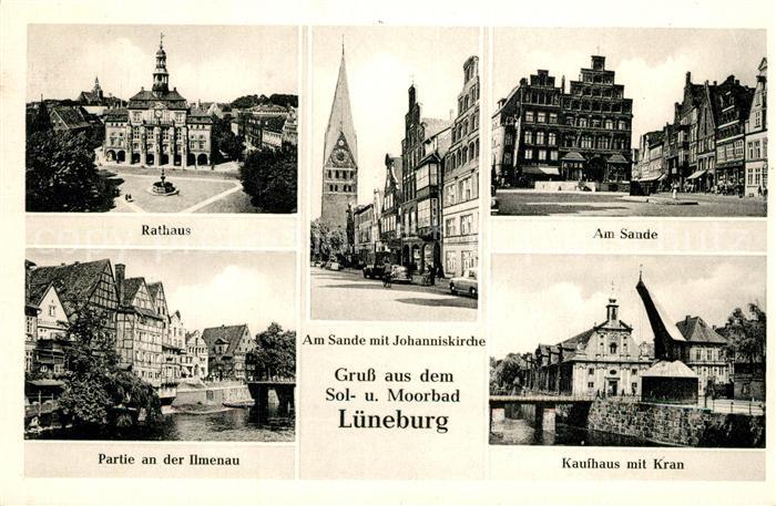 Lueneburg Rathaus Haeuserpartie an der Ilmenau Kirche Am Sande Giebelhaeuser Kau