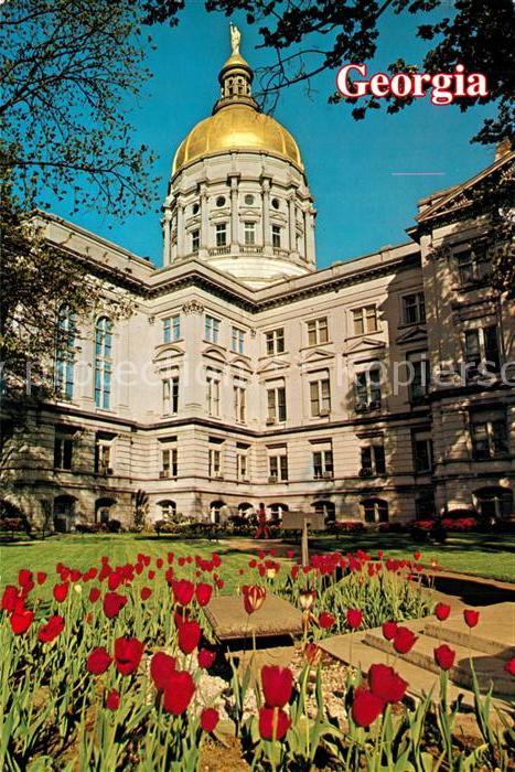 Atlanta Georgia Georgia State Capitol in front red tulips