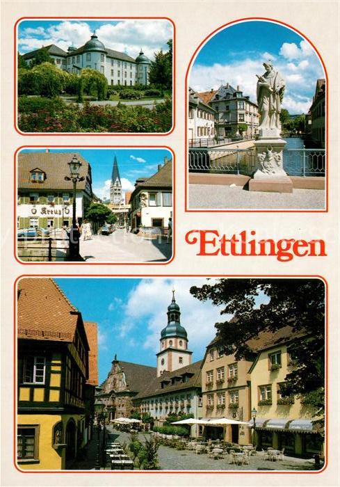Ettlingen Schloss Innenstadt Strassencafes Bruecke Denkmal Statue