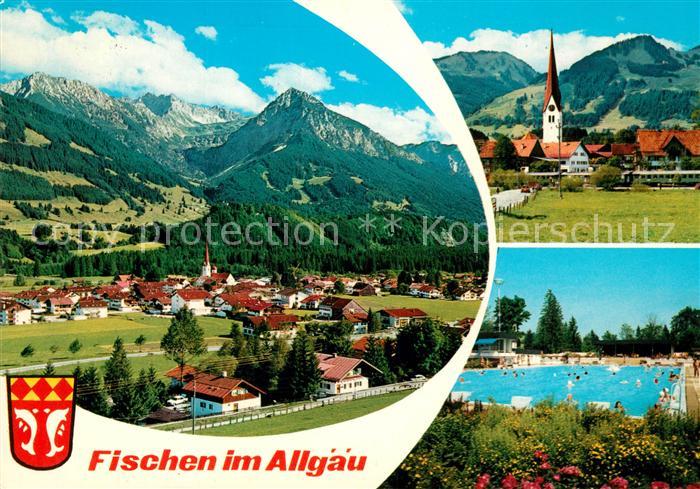 Fischen Allgaeu Gesamtansicht mit Alpenpanorama Kirche Freibad