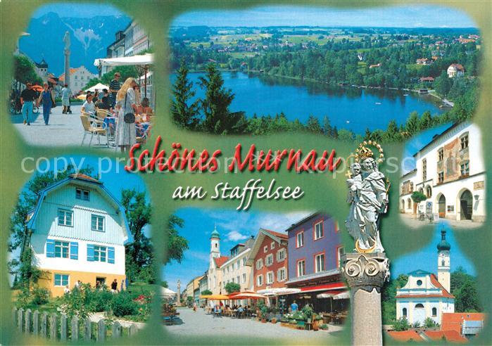 Murnau Staffelsee Strassencafe Panorama Strassenpartie Mariensaeule Kirche
