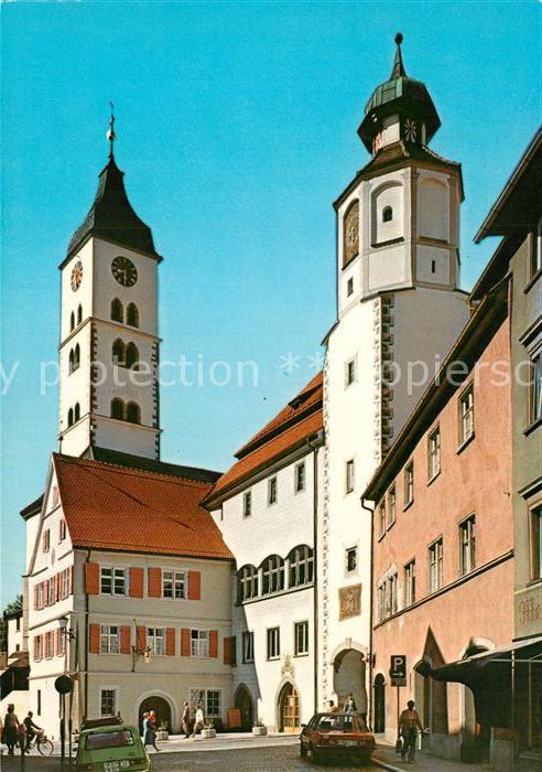Wangen Allgaeu Rathausturm mit Ratloch und Turm der St Martinskirche