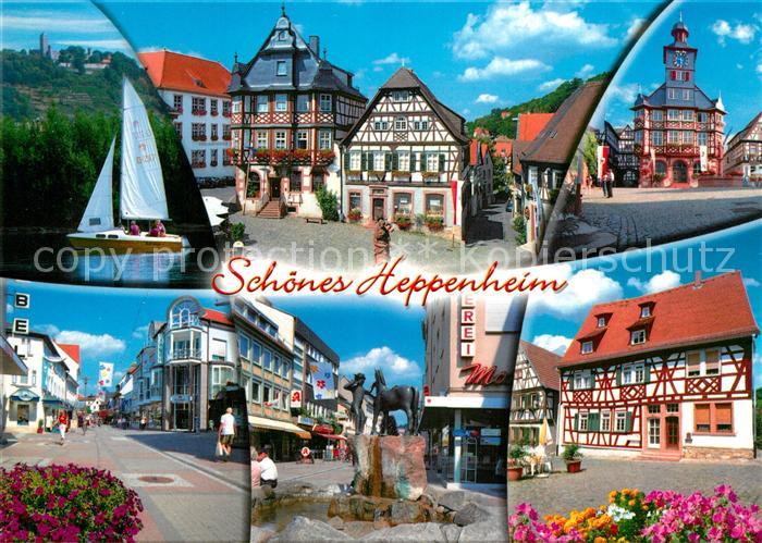 Heppenheim Bergstrasse Segelboot Rathaus Fussgaengerzone Brunnen Fachwerkhaus