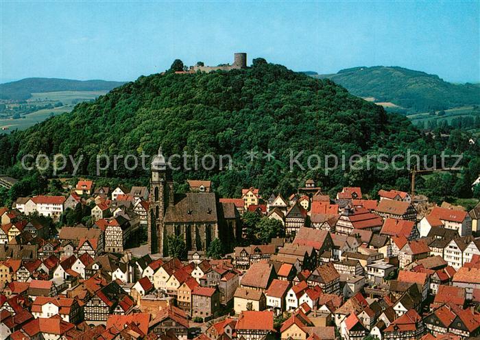 Homberg Efze Stadtbild mit Kirche und Burgruine Fliegeraufnahme