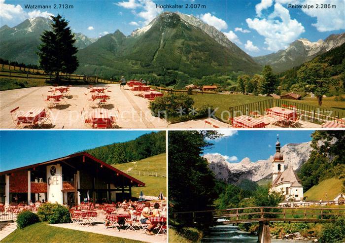 Ramsau Berchtesgaden Gaststaette Schwarzeck Cafe Terrasse Watzmann Alpen Kirche