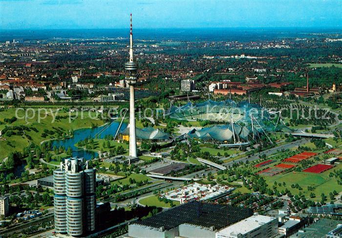Muenchen Olympiagelaende BMW Hochhaus Olympiaturm See Sportstaetten Fliegeraufna