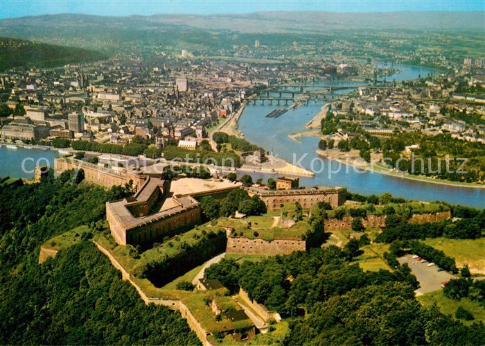 Koblenz Rhein Festung Ehrenbreitstein Deutsches Eck Moselmuendung Fliegeraufnahm