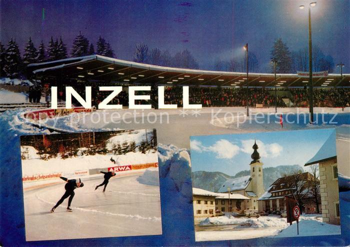 Inzell Internationales Europaeisches Eislaufzentrum Ortsmotiv mit Kirche Winters