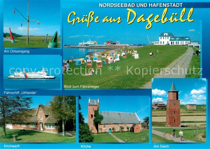 Dagebuell Faehrschiff Uthlande Faehranleger Kirchwarft Kirche Deich