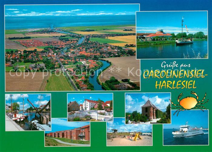 Carolinensiel-Harlesiel Ostfriesland Fliegeraufnahme Hafen Faehrschiff Kirche