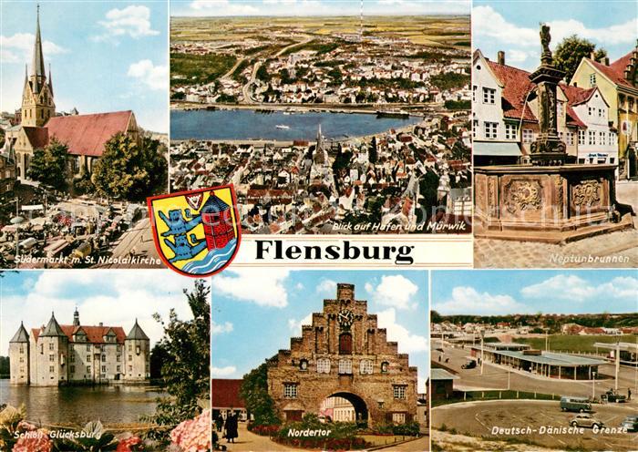 Flensburg Soedermarkt Sankt Nicolai Kirche Hafen Muerwik Neptunbrunnen Grenze