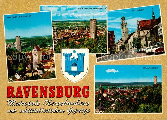 Ravensburg Wuerttemberg Stadtbild mit Mehlsack und Obertor Blick von der Veitsbu