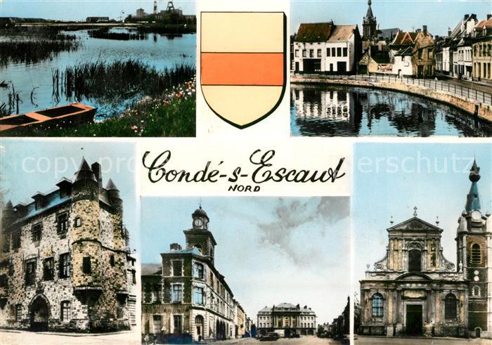 Conde-sur-l Escaut Partie am Fluss Gebaeude Innenstadt Kirche Wappen