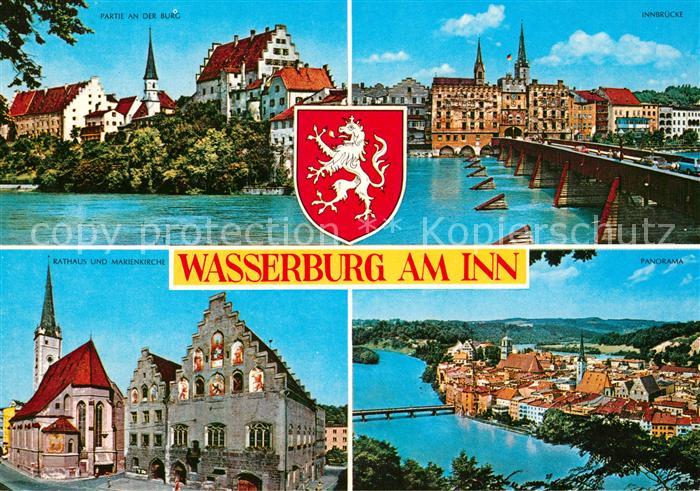 Wasserburg Inn Partie an der Burg Innbruecke Rathaus Marienkirche Panorama Wappe