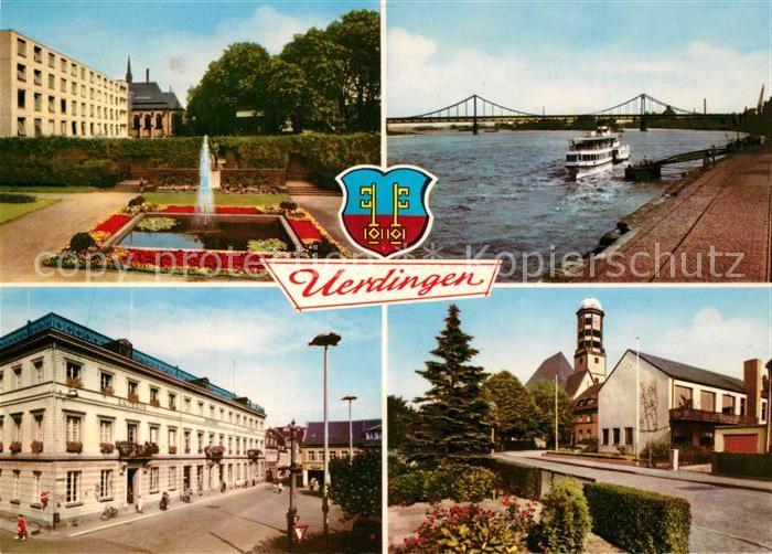 Uerdingen Rheinpromenade Bootsanleger Dampfer Bruecke Park Kirche Rathaus