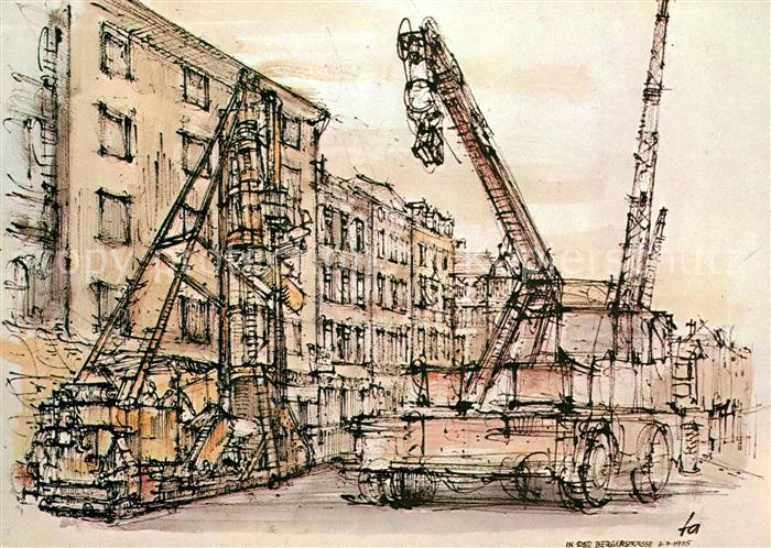 Frankfurt Main Tunnelbauten Grossbohrgeraete Bergerstrasse lavierte Federzeichnu