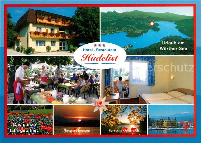 Krumpendorf Woerthersee Hotel Restaurant Hudelist Terrasse Park Sonnenuntergang