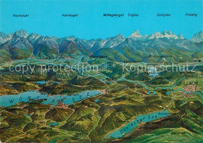 Ossiachersee Panoramakarte Woerther-See Faaker-See mit Karawanken