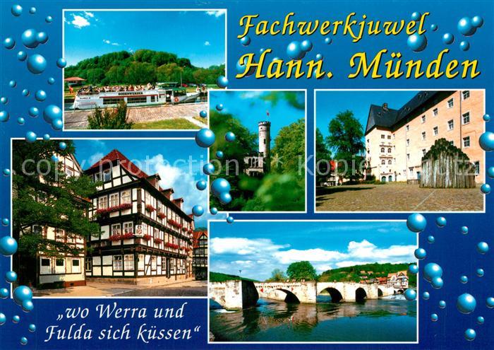 Hannoversch Muenden Faehrschiff Burg Bruecke Fachwerkhaeuser