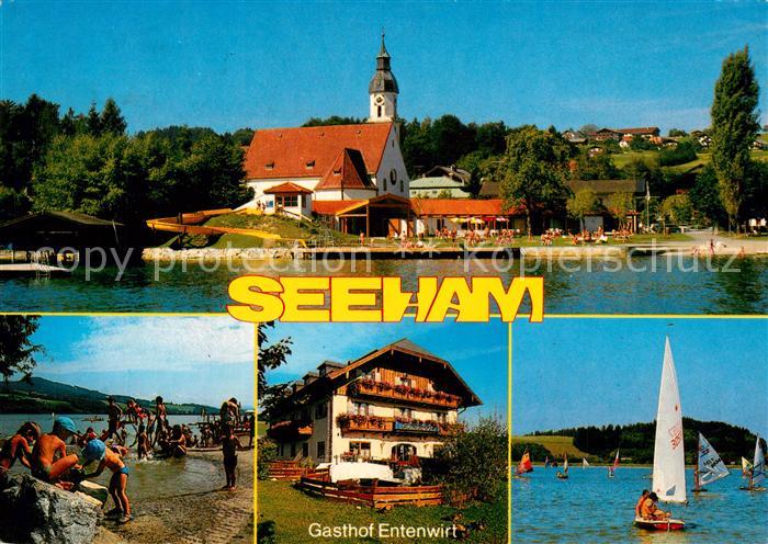 Seeham Gasthof Entenwirt Obertrumer See Kirche Strand Segelboote